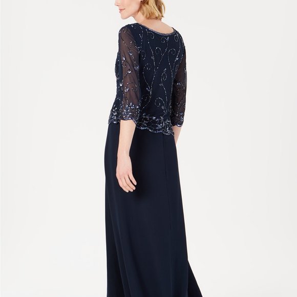 J Kara Beaded-Overlay Gown Navy Blue Size 8 - Picture 2 of 4